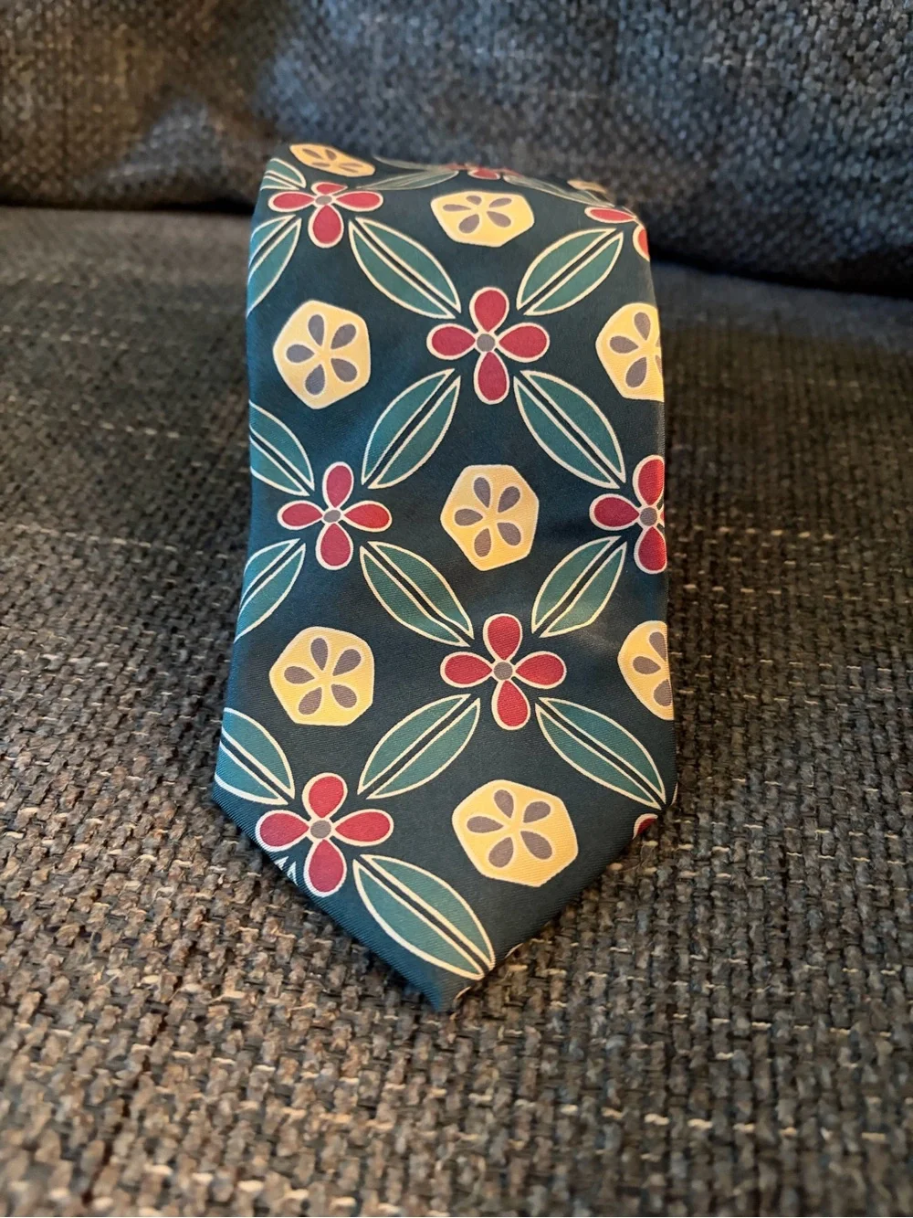 Lands' End Navy Tie with Red Flowers & Yellow Motifs